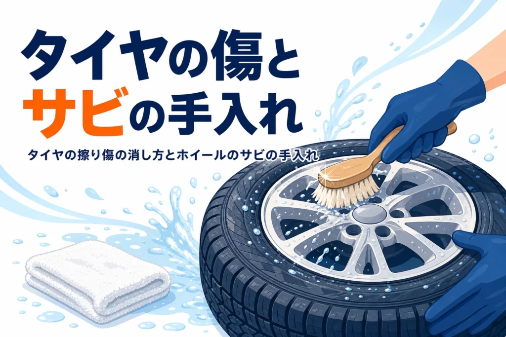 ホイール付きタイヤを洗う手元に、タイヤの擦り傷とホイールのサビの手入れを紹介する記事タイトル