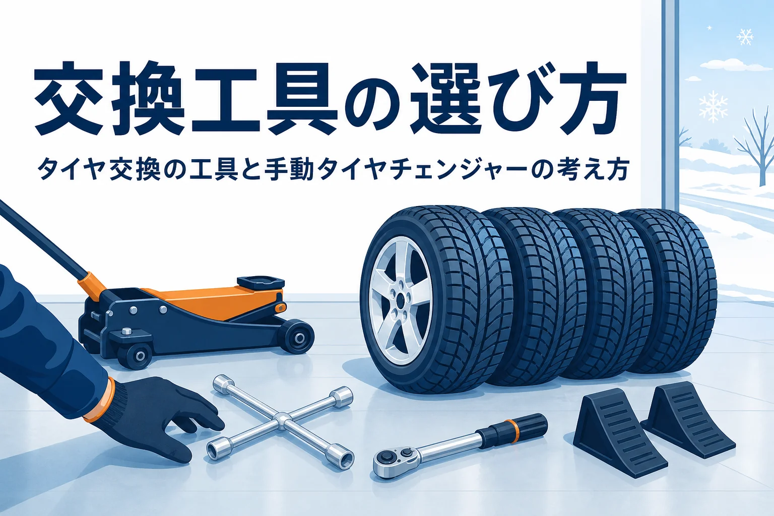 ガレージに並べたタイヤ交換の工具とホイール付きタイヤ、タイヤ交換に必要な工具を紹介する記事タイトル