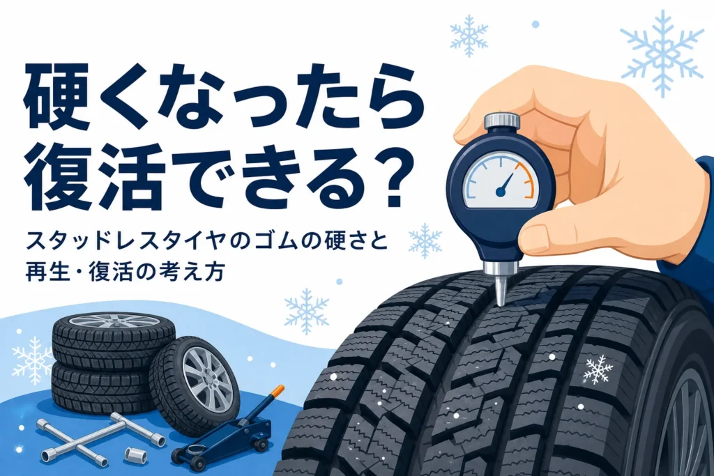 冬用タイヤに硬度計を当てる手元と、スタッドレスタイヤのゴムの硬さを紹介する記事タイトル