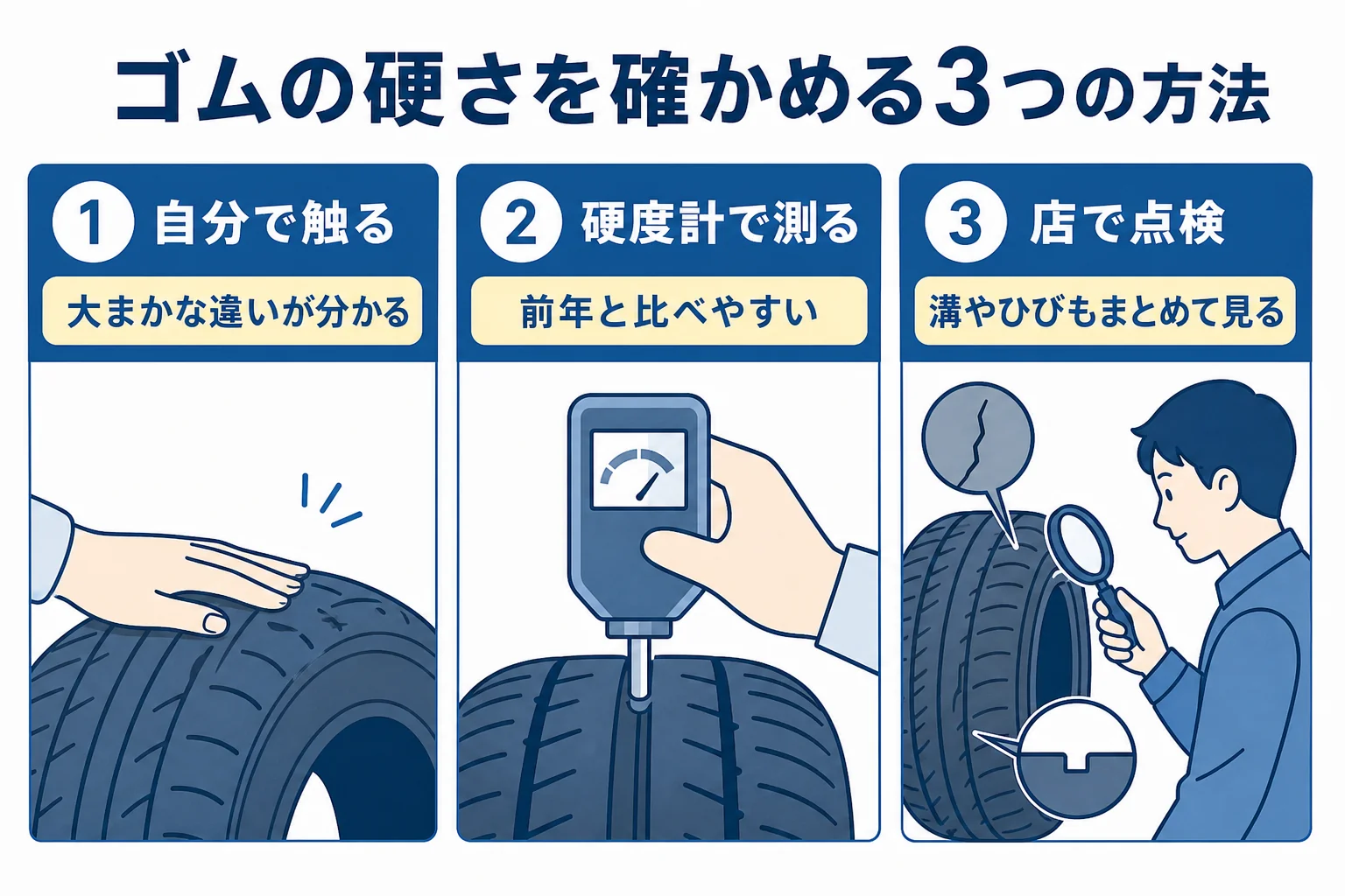 ゴムの硬さを確かめる3つの方法を比べた図解