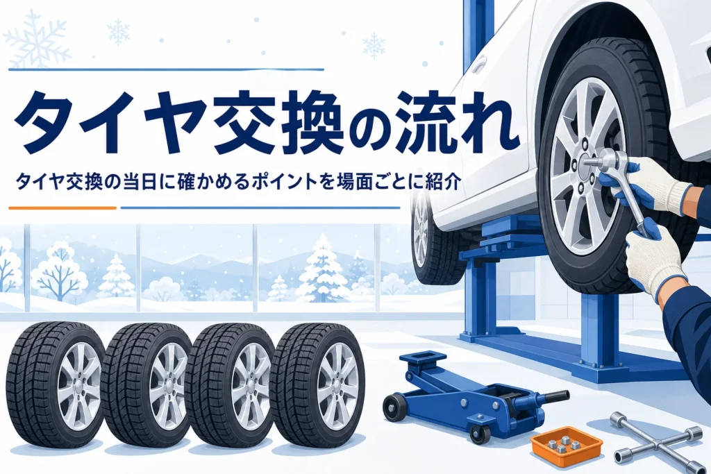 整備工場に並ぶホイール付きの冬用タイヤと、タイヤ交換の流れを紹介する記事タイトル