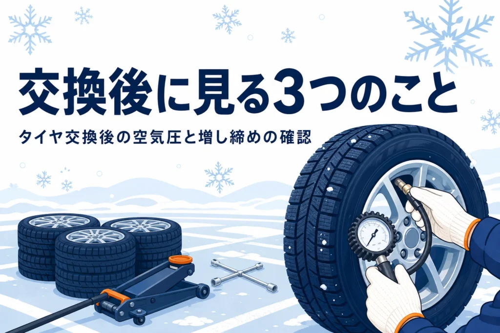 冬用タイヤにエアゲージを当てて空気圧を測る手元と、タイヤ交換後の確認を紹介する記事タイトル