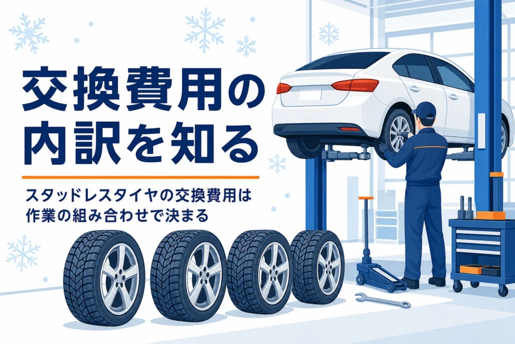 作業場に並んだホイール付きの冬用タイヤと、スタッドレスタイヤの交換費用を紹介する記事タイトル