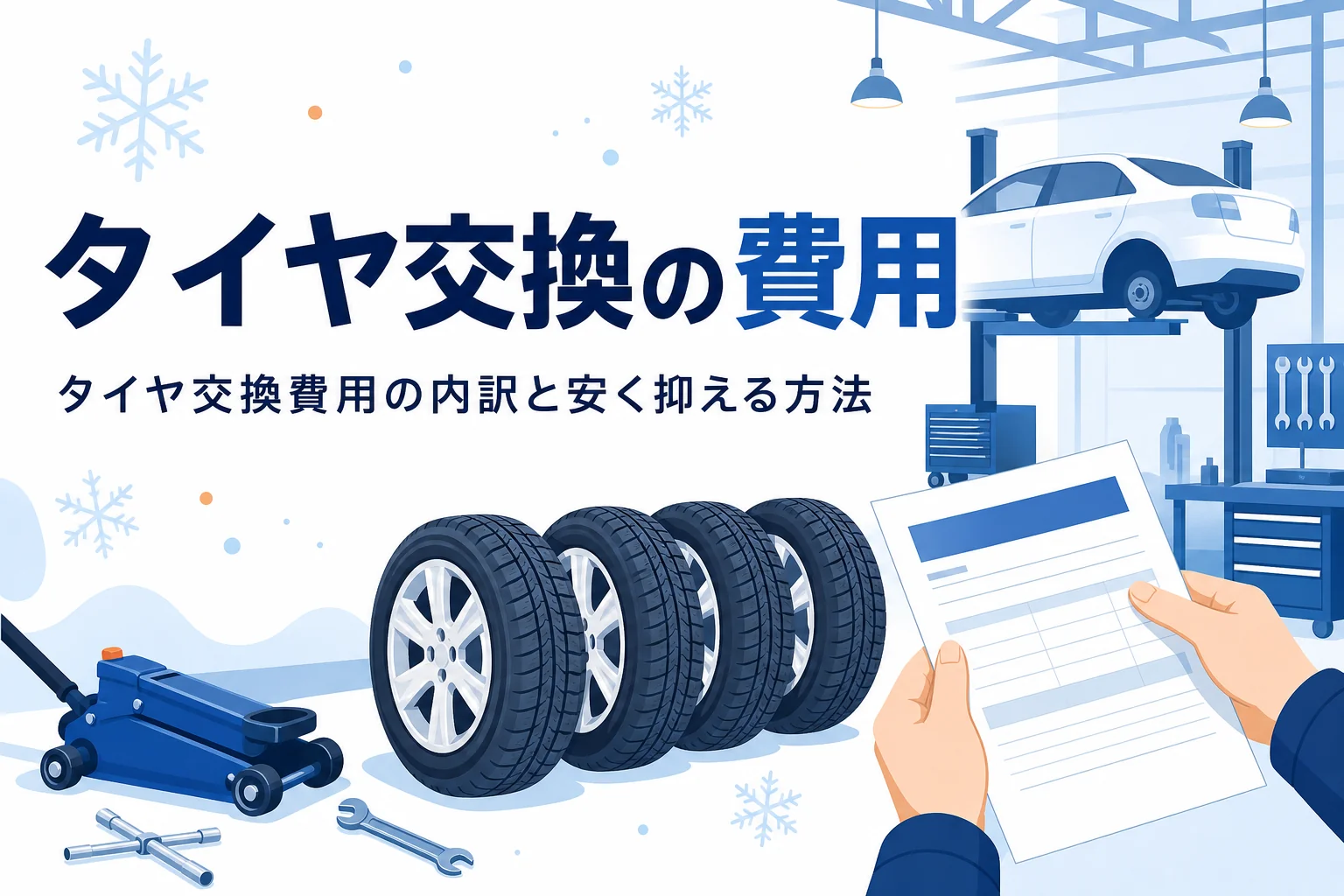 整備工場に並ぶタイヤと見積書を持つ手元、タイヤ交換の費用を紹介する記事タイトル