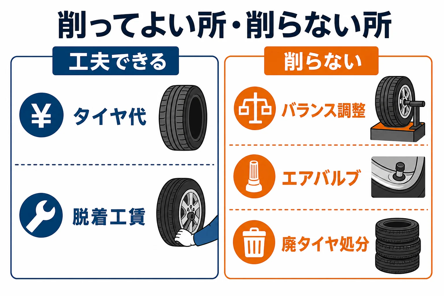 タイヤ交換の費用で削ってよい所と削らない方がよい所を分けた図解