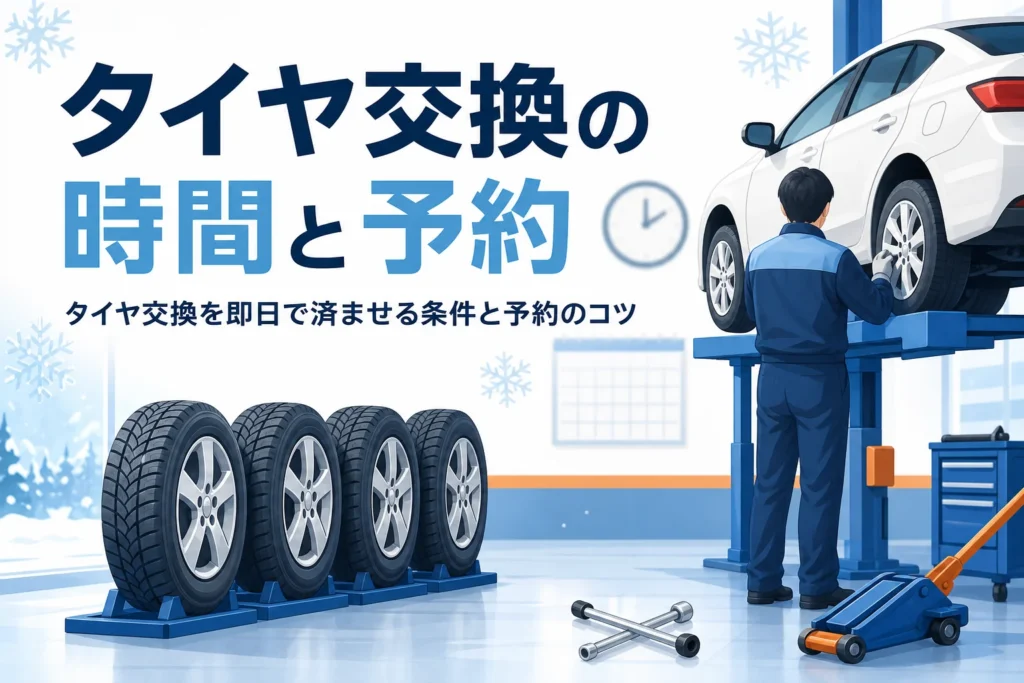 タイヤ店の作業場に並ぶ冬用タイヤに、タイヤ交換の時間と予約のコツを紹介する記事タイトル