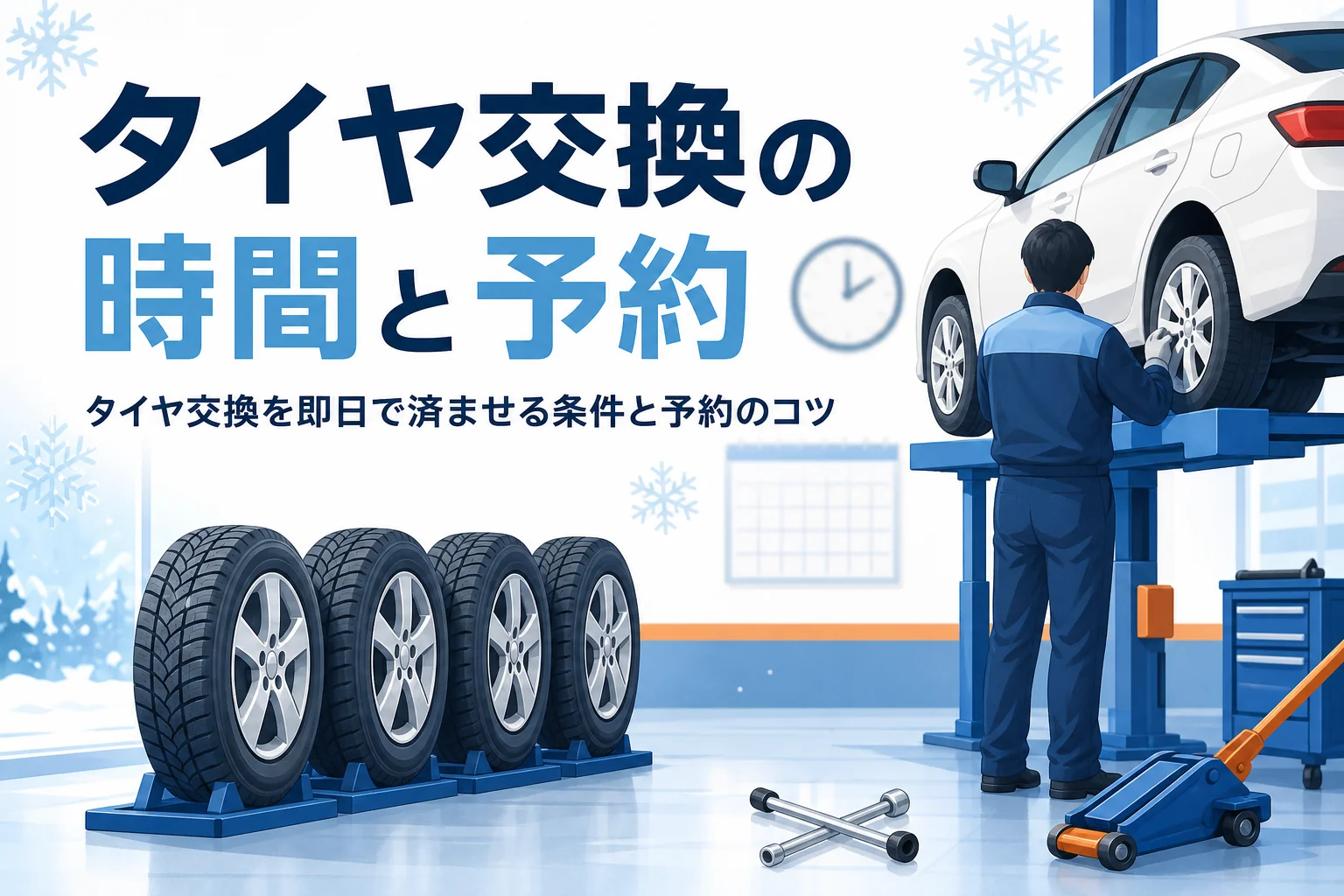 タイヤ店の作業場に並ぶ冬用タイヤに、タイヤ交換の時間と予約のコツを紹介する記事タイトル