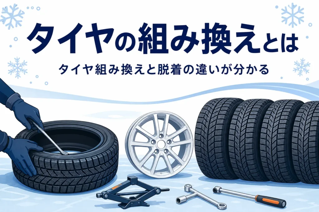 ホイールと外したタイヤ、新しい冬用タイヤが並ぶ作業場と、タイヤの組み換えを紹介する記事タイトル