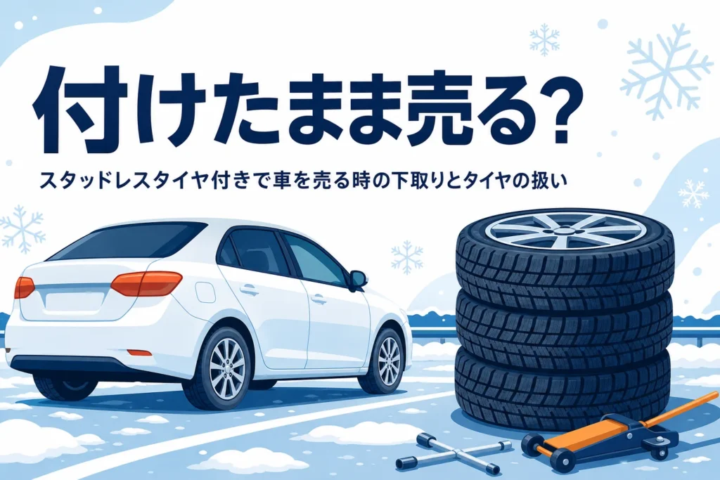 駐車場の車と冬用タイヤ、スタッドレスタイヤ付きで車を売る時の扱いを紹介する記事タイトル