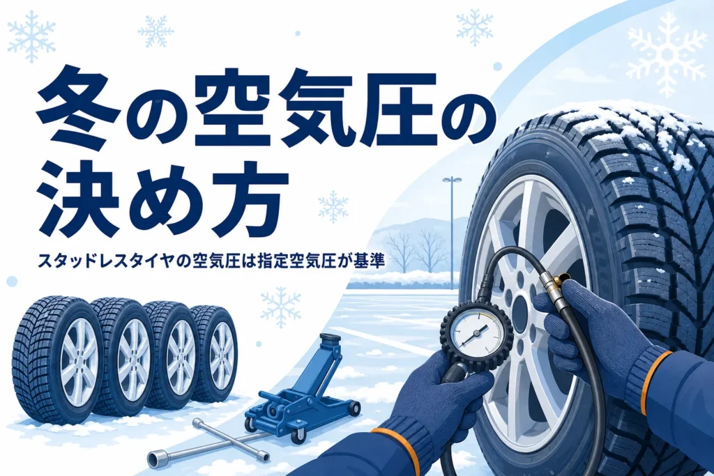 冬の朝に冬用タイヤの空気圧をエアゲージで測る手元と、スタッドレスタイヤの空気圧を紹介する記事タイトル