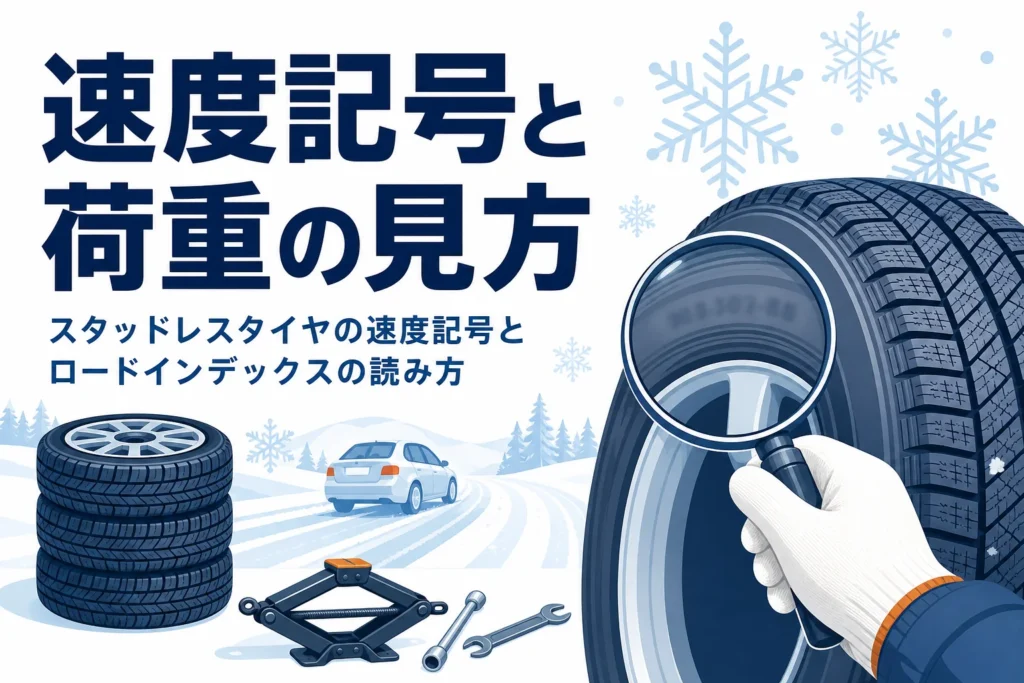 スタッドレスタイヤの側面の表示を確かめる手元と「速度記号と荷重の見方」の文字