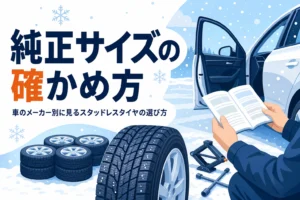取扱説明書を持つ手元と冬用タイヤ、車のメーカー別に見るスタッドレスタイヤの選び方を紹介する記事タイトル