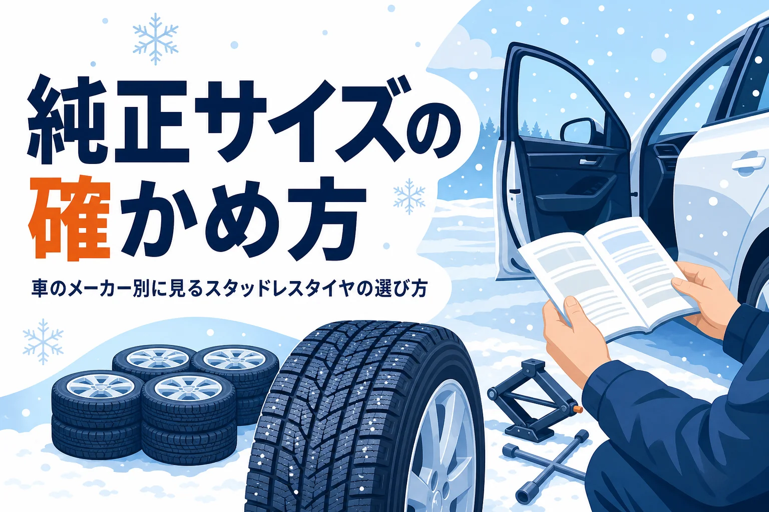 取扱説明書を持つ手元と冬用タイヤ、車のメーカー別に見るスタッドレスタイヤの選び方を紹介する記事タイトル