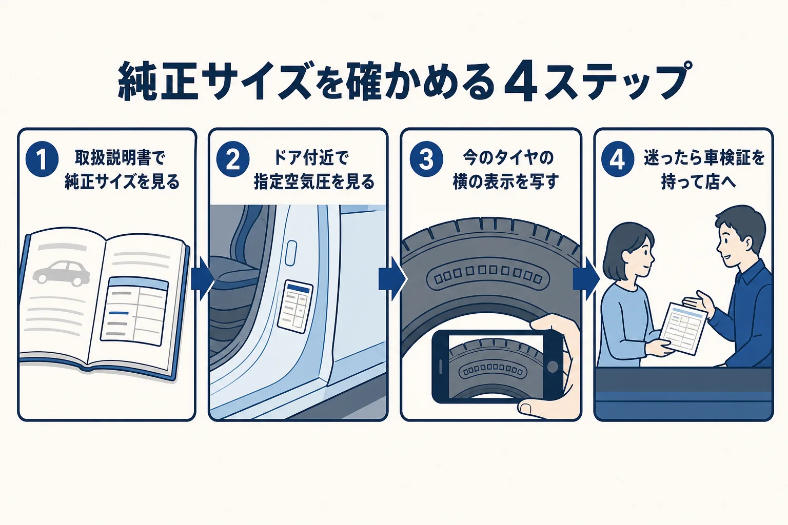 車のメーカーを問わず使える純正サイズの確かめ方を順番に並べた図解