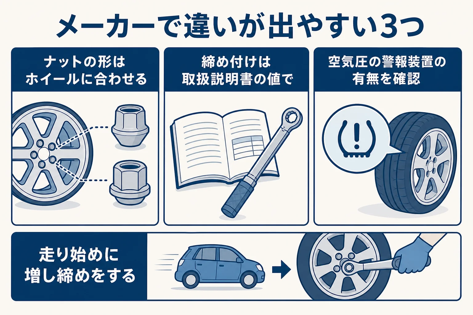 ナット・ホイール・空気圧の警報装置など車のメーカーで違いが出やすい項目をまとめた図解