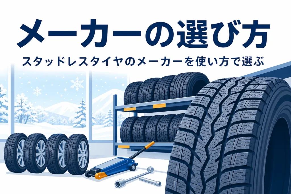 タイヤ売り場に並ぶ冬用タイヤと、スタッドレスタイヤのメーカーの選び方を紹介する記事タイトル