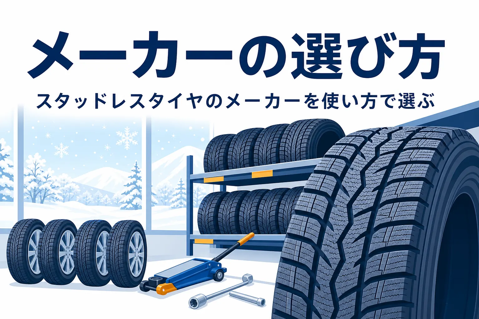 タイヤ売り場に並ぶ冬用タイヤと、スタッドレスタイヤのメーカーの選び方を紹介する記事タイトル