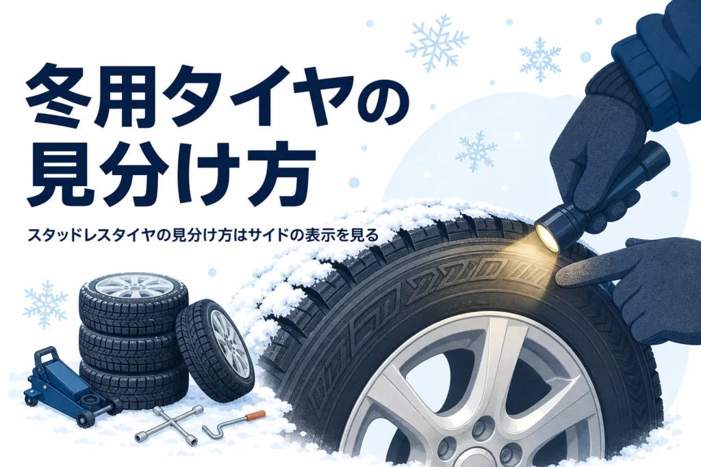 雪の上の冬用タイヤの横側と、スタッドレスタイヤの見分け方を紹介する記事タイトル