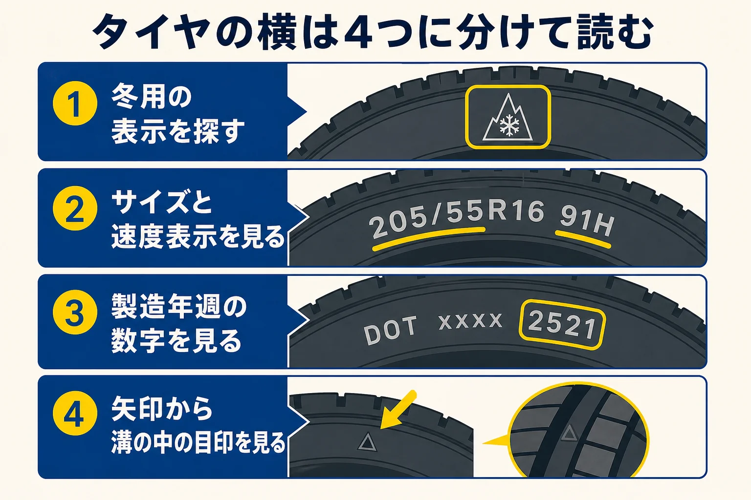 タイヤの横の表示を冬用の表示・サイズ・製造年週・プラットホームの4つに分けて読む順番を示した図解