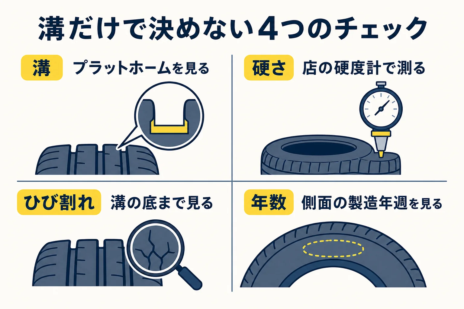 溝・ゴムの硬さ・ひび割れ・年数の4つを合わせてスタッドレスタイヤの状態を見るチェックの図解