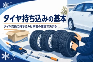 届いたタイヤの表示を確かめる手元と、タイヤ交換の持ち込みを紹介する記事タイトル