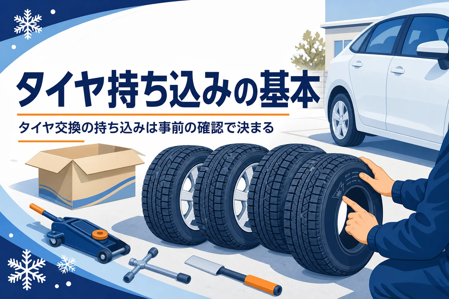 届いたタイヤの表示を確かめる手元と、タイヤ交換の持ち込みを紹介する記事タイトル