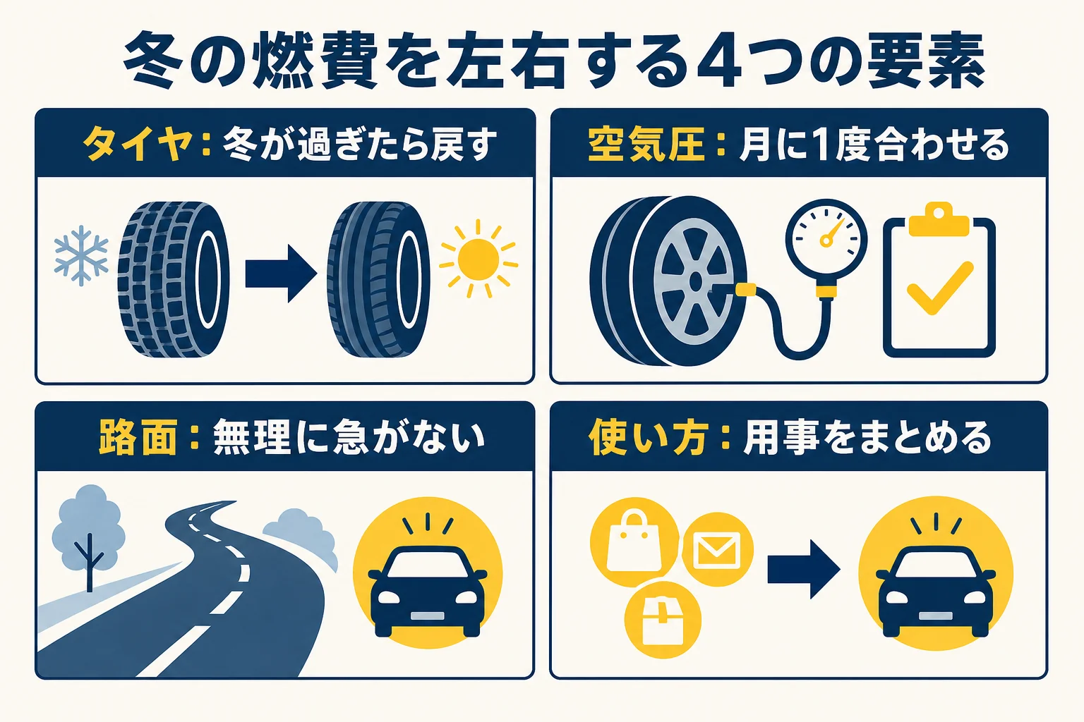 燃費に影響する4つの要素と、自分で変えられることを分けた図解