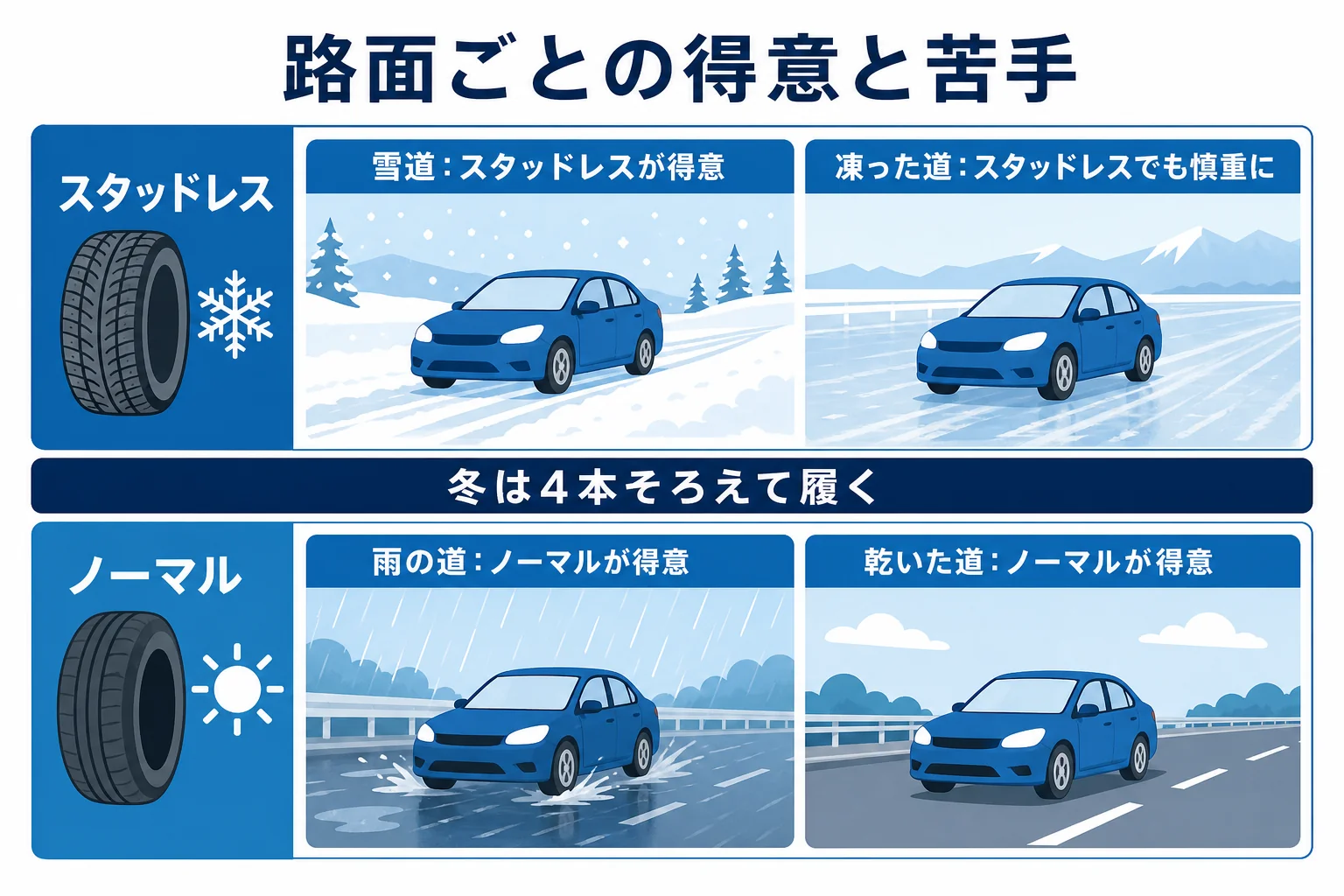 スタッドレスタイヤとノーマルタイヤの路面ごとの得意と苦手を並べた図解