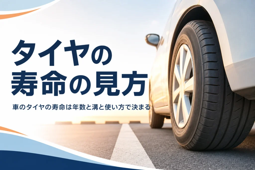 乗用車の夏タイヤのアップと、車のタイヤの寿命を紹介する記事タイトル