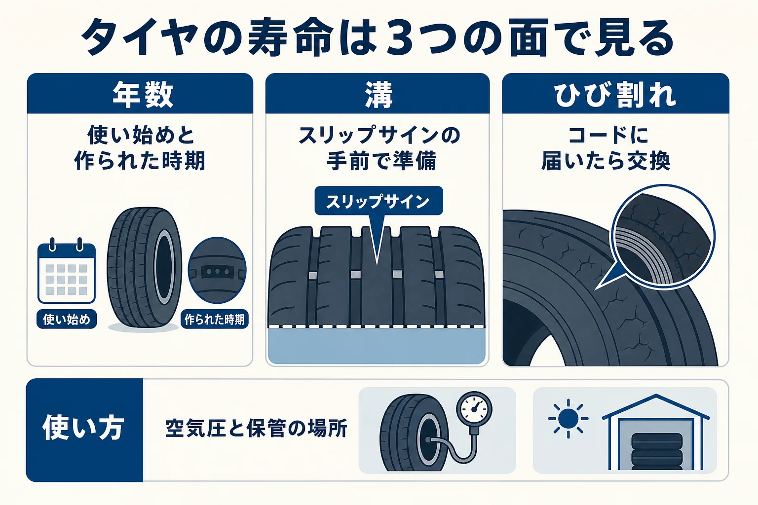 タイヤの寿命を年数・溝・使い方の3つの面から見る図解