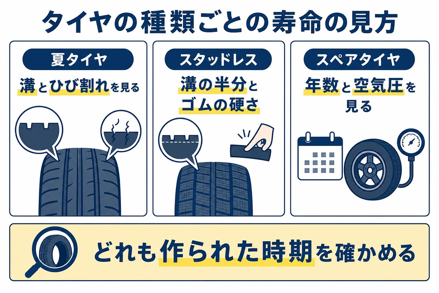 夏タイヤとスタッドレスタイヤとスペアタイヤの寿命の見方を比べた図解