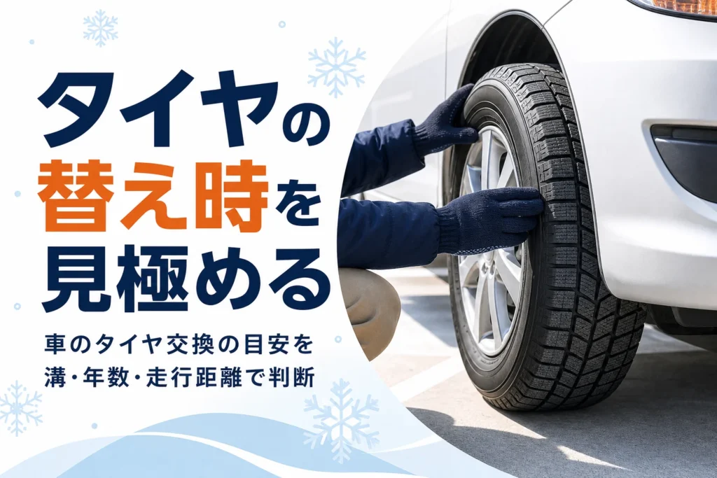 乗用車のタイヤの溝を確かめる手元と、タイヤ交換の目安を紹介する記事タイトル