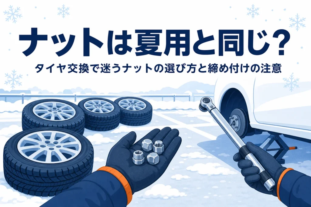 ホイールナットを手に持つ手元と冬用タイヤ、タイヤ交換のナットの選び方を紹介する記事タイトル