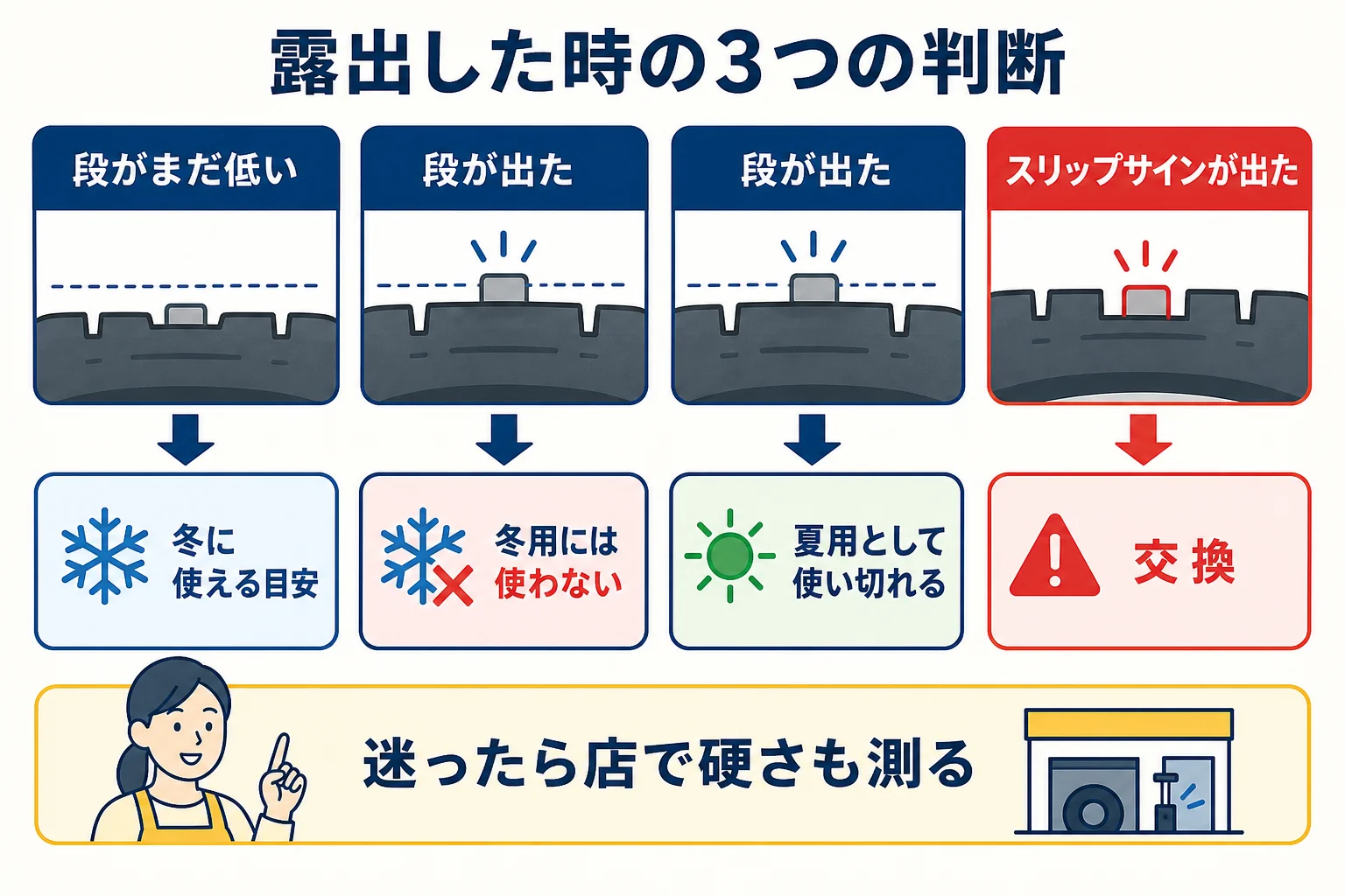 プラットフォームの出方で、冬に使うか夏用に回すか交換するかを分けた図解