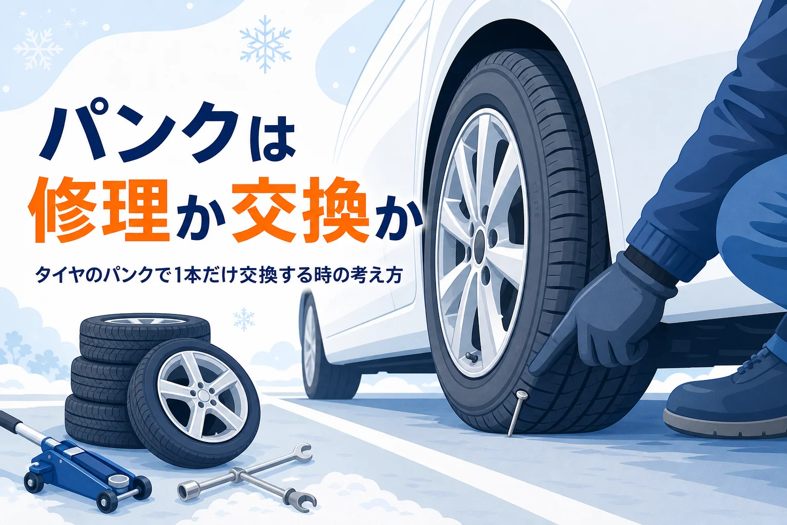 タイヤの接地面に刺さった釘を確かめる手元と、タイヤのパンクの修理か交換かを紹介する記事タイトル