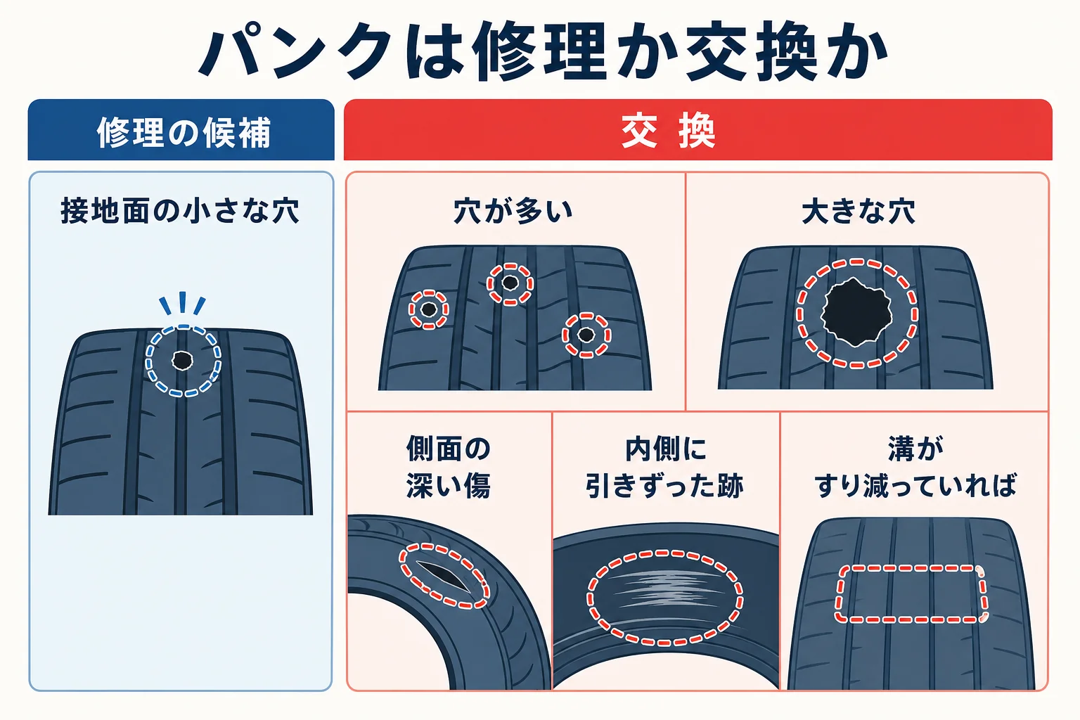 タイヤのパンクを穴の場所・大きさ・数で修理できるか交換かに分けた早見表の図解