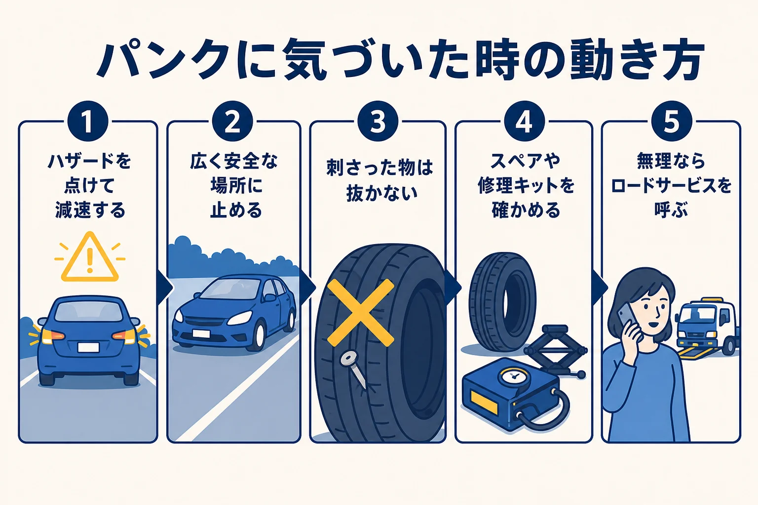 走行中にタイヤのパンクに気づいた時に止まって安全を確かめる手順の図解
