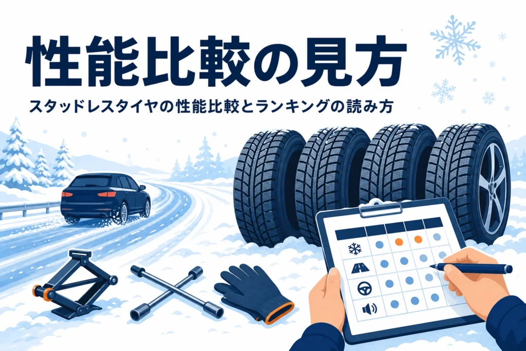 雪の上に並ぶ冬用タイヤと比較のチェックリストを持つ手元、スタッドレスタイヤの性能比較の見方を紹介する記事タイトル