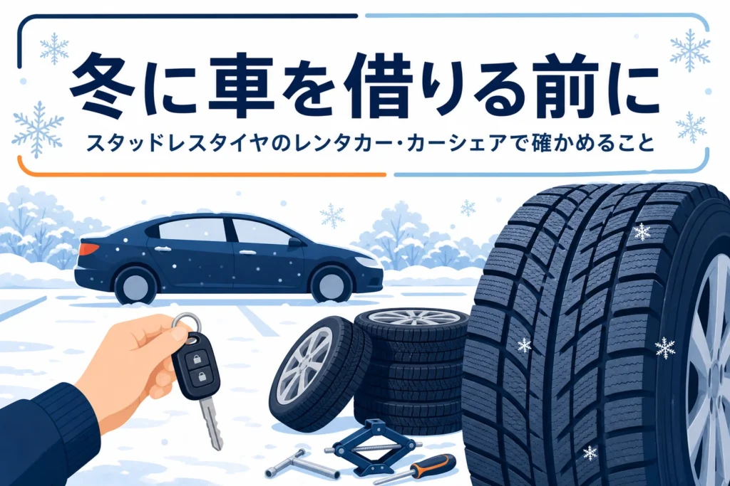 雪の駐車場に止まる車と冬用タイヤ、スタッドレスタイヤのレンタカーで確かめることを紹介する記事タイトル