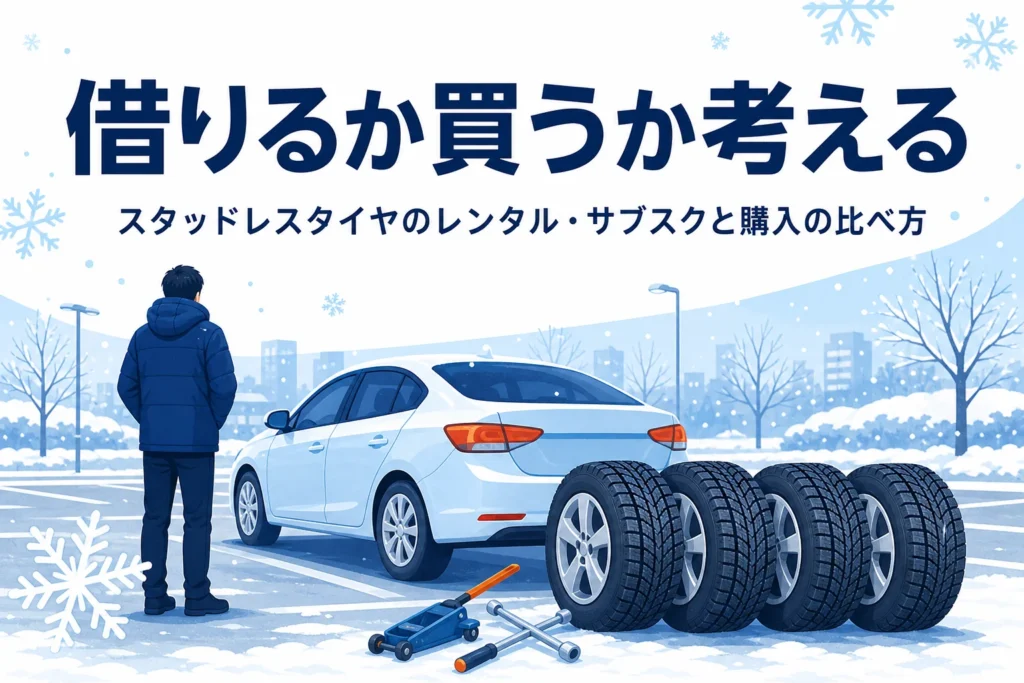 雪の降る駐車場の乗用車と冬用タイヤ、スタッドレスタイヤのレンタルと購入の比べ方を紹介する記事タイトル