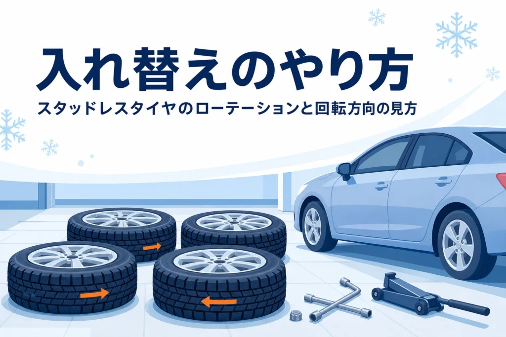 ガレージに並べた4本の冬用タイヤと、スタッドレスタイヤのローテーションを紹介する記事タイトル