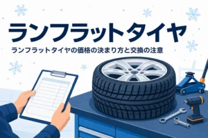 整備工場のホイール付きタイヤに、ランフラットタイヤの価格と交換の注意を紹介する記事タイトル