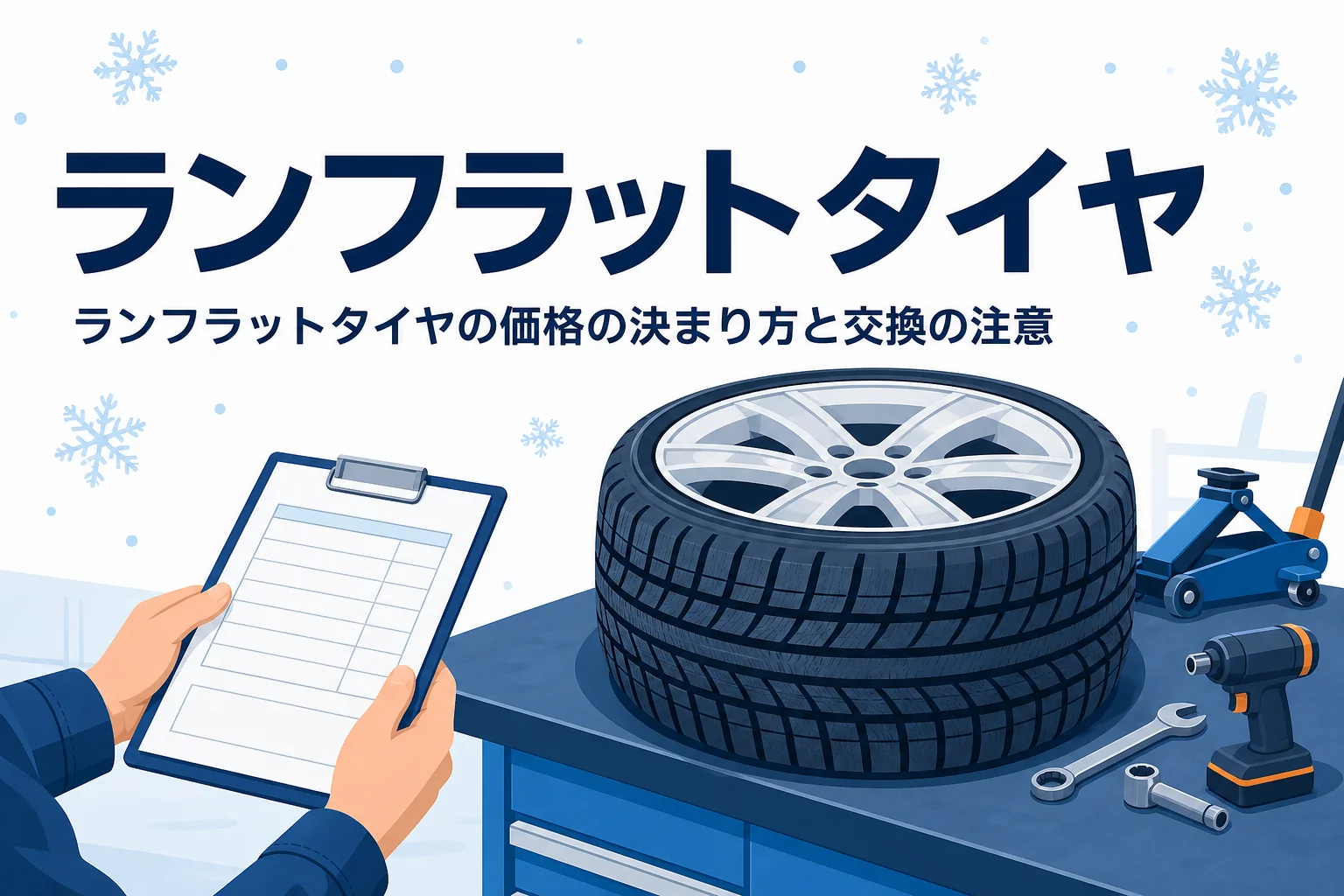 整備工場のホイール付きタイヤに、ランフラットタイヤの価格と交換の注意を紹介する記事タイトル