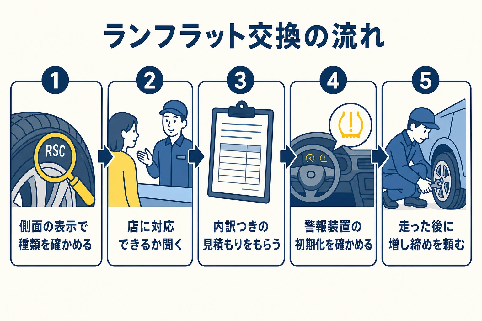 ランフラットタイヤを交換する時に確かめることを順に並べた図解