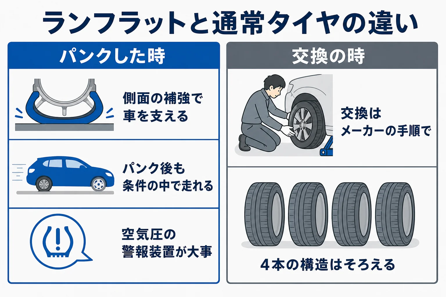 ランフラットタイヤと通常タイヤの違いを、つくり・パンク時・交換時で比べた図解