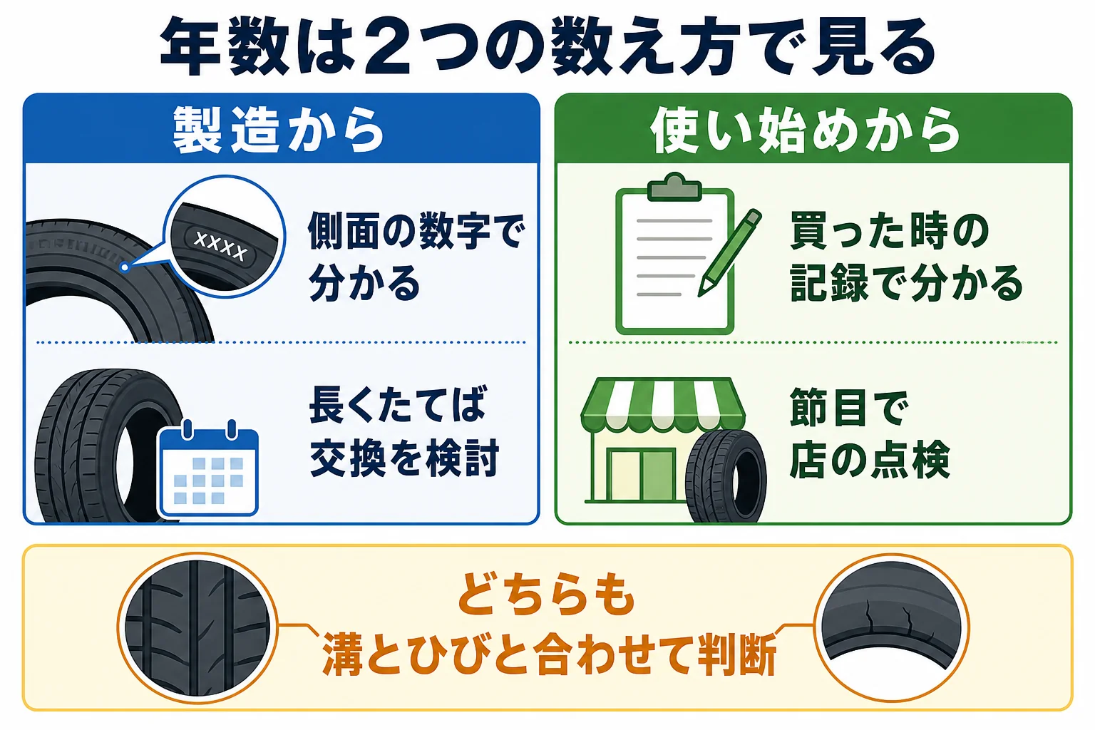 製造から何年と使い始めから何年を分けて、点検と交換の目安を示した図解