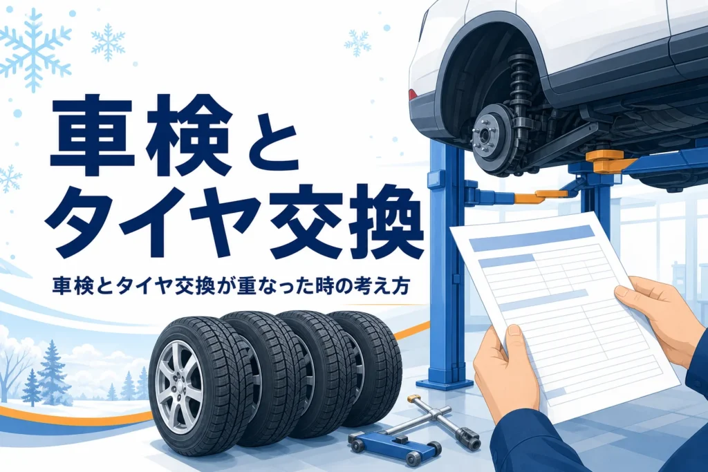 整備工場で点検中の乗用車とタイヤに、車検とタイヤ交換が重なった時の考え方を紹介する記事タイトル