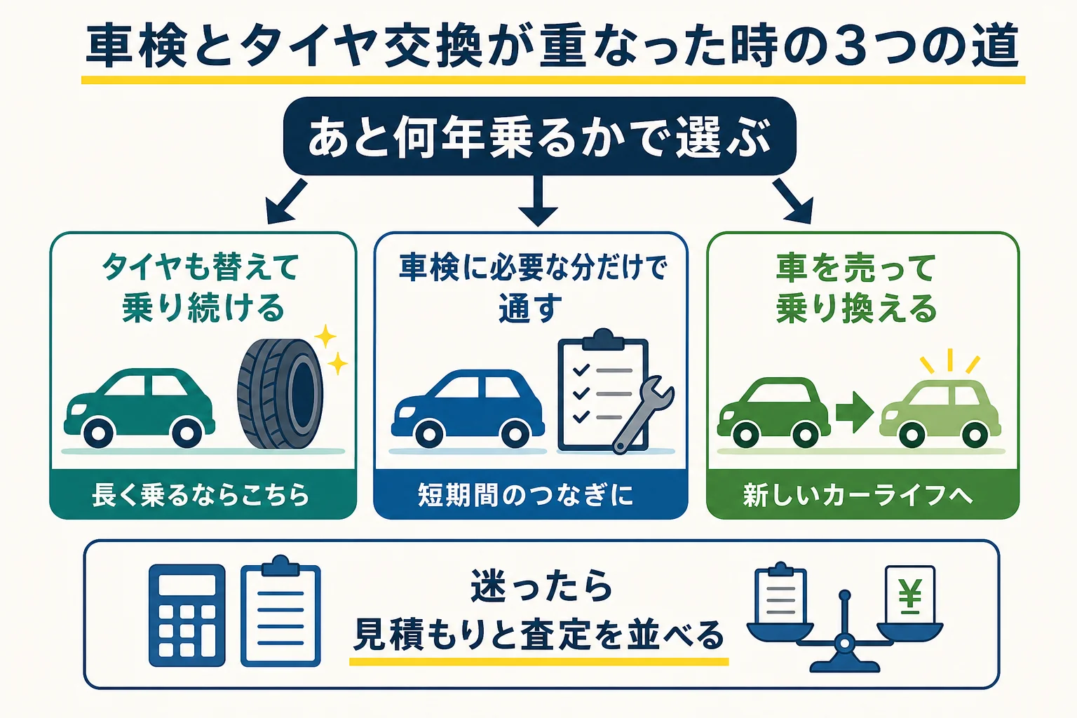 車検とタイヤ交換が重なった時の3つの選択肢を比べた図解