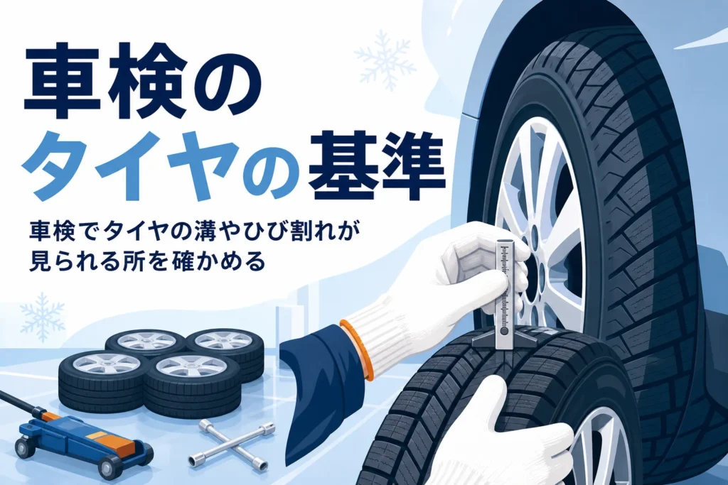 乗用車のタイヤの溝を測る手元と、車検のタイヤの基準を紹介する記事タイトル
