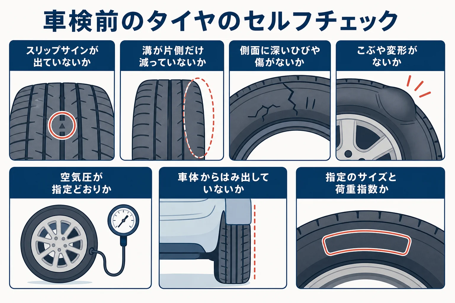 車検でタイヤが見られる項目と自分で確かめる方法を並べたチェック表の図解
